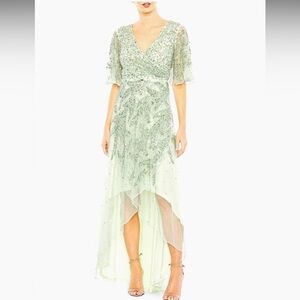 NWT Mac Duggal Green Sequined Butterfly Sleeve High Low Gown
